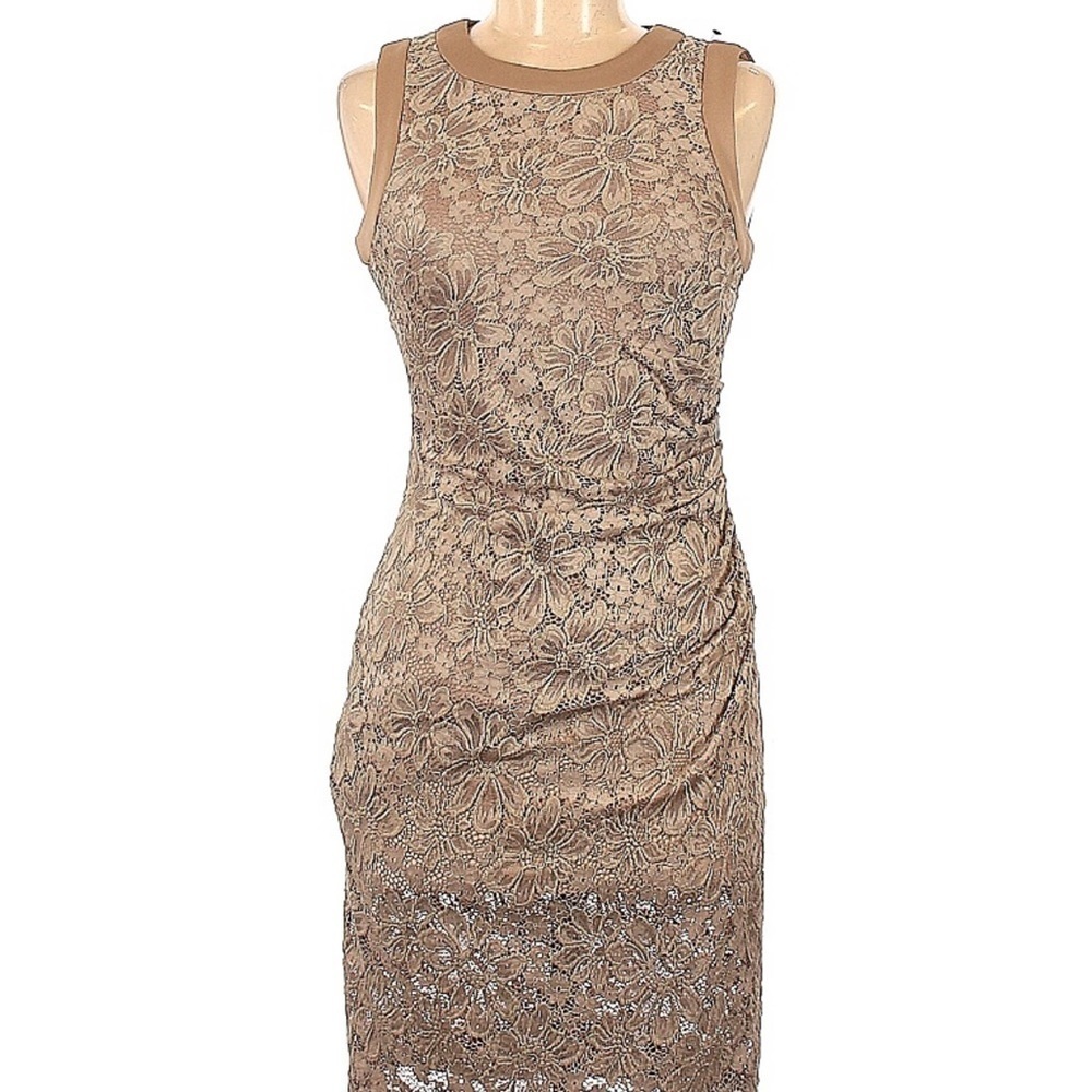 Calvin Klein Cocktail Dress Size 4 Lace over Beige Sleeveless